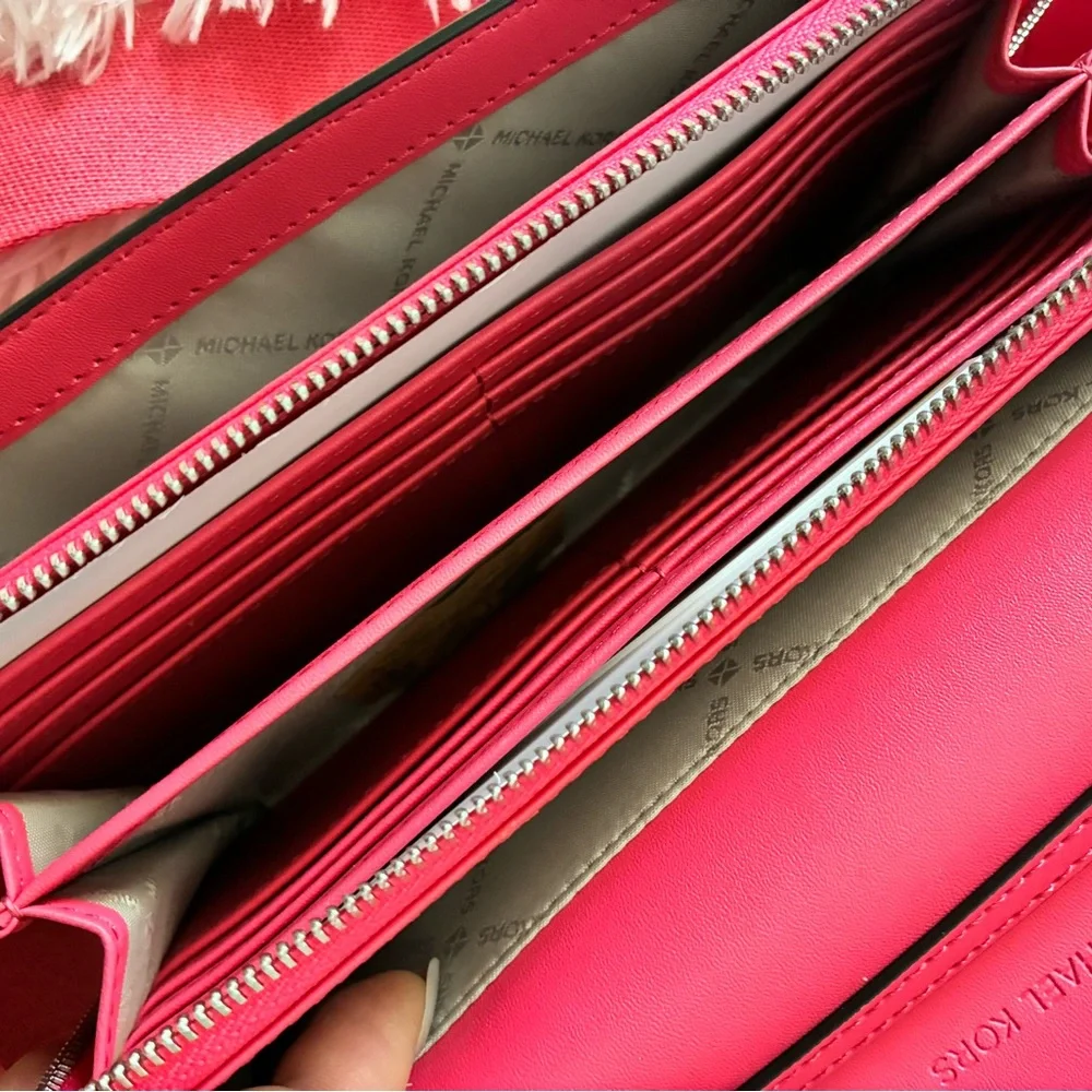 Michael Kors pink  jet set Crossbody large wallet, bag zip around hibiscus ombre - Picture 7 of 9